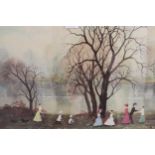 Helen Bradley signed lithograph, figures in a park, (with blind stamp)