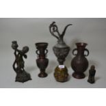 Japanese bronze baluster form vase, 10ins high together with 20th Century Chinese bronze happy / sad