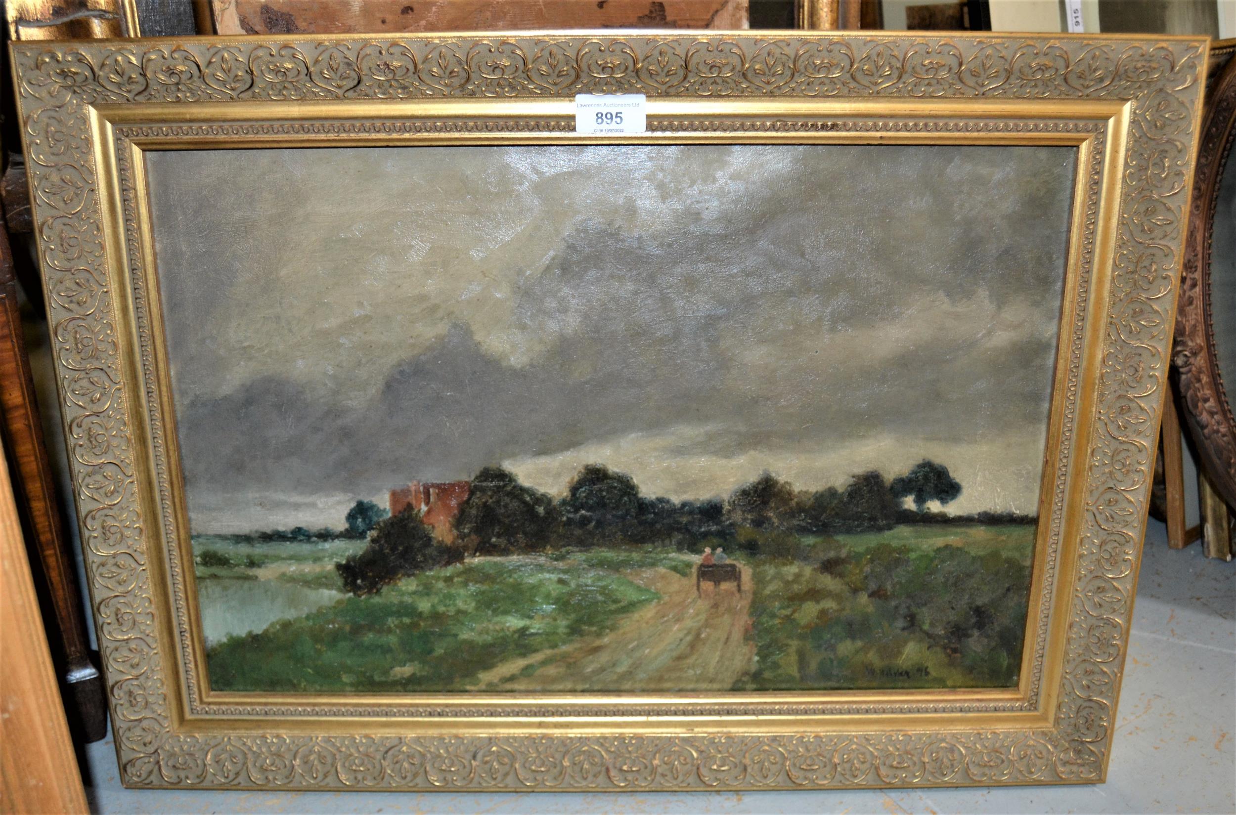 W. Walker 19th Century oil on canvas, landscape with figures in a horse drawn cart, signed, 14ins - Image 2 of 2