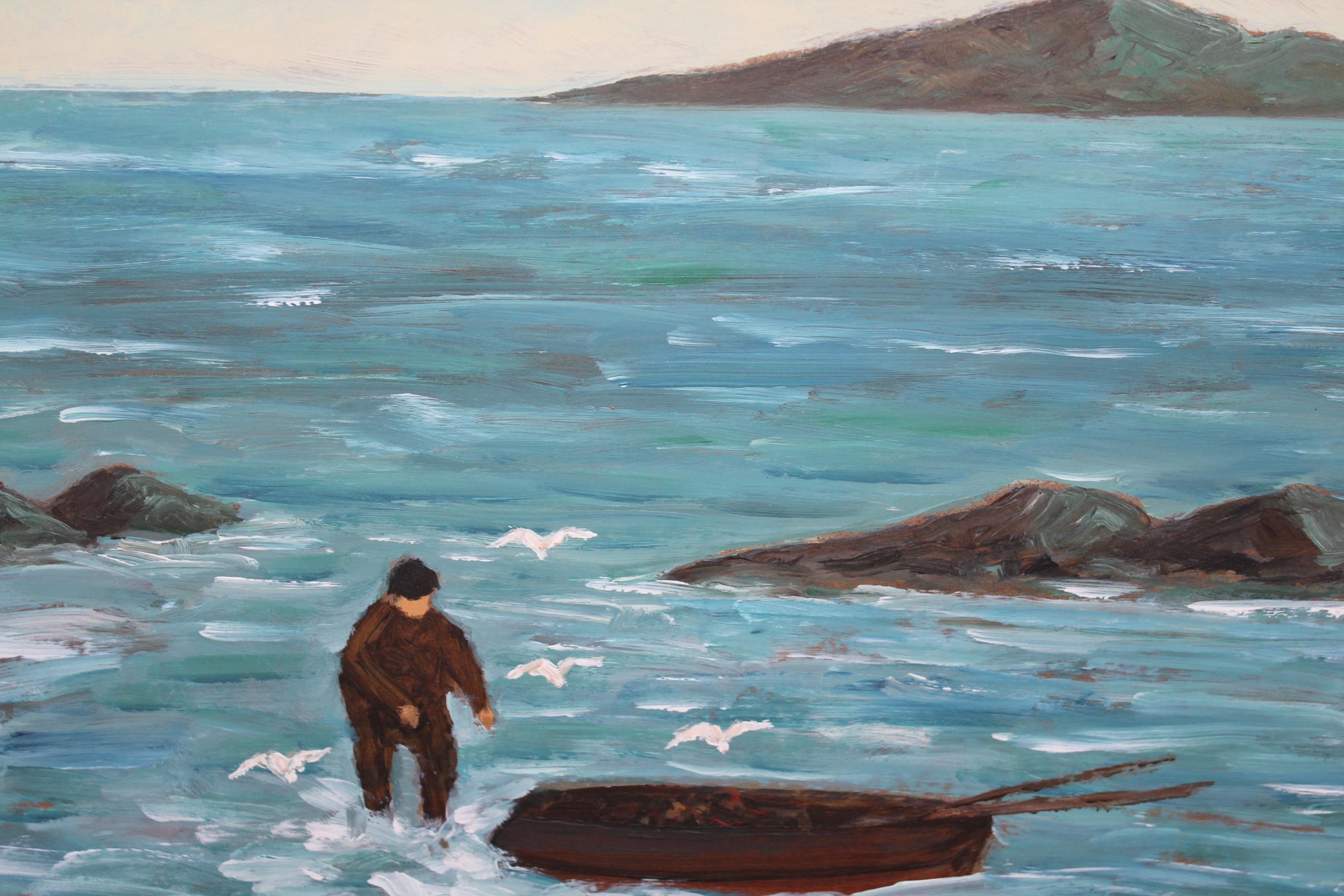 Two unframed oils on board of a Cornish harbour, signed James Greig and coastal inlet with figure by - Image 2 of 2