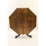 Victorian octagonal rosewood tilt top centre table, raised on carved column and tripod supports,