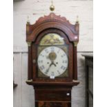 George III mahogany inlaid and painted longcase clock, the broken arch hood with brass ball