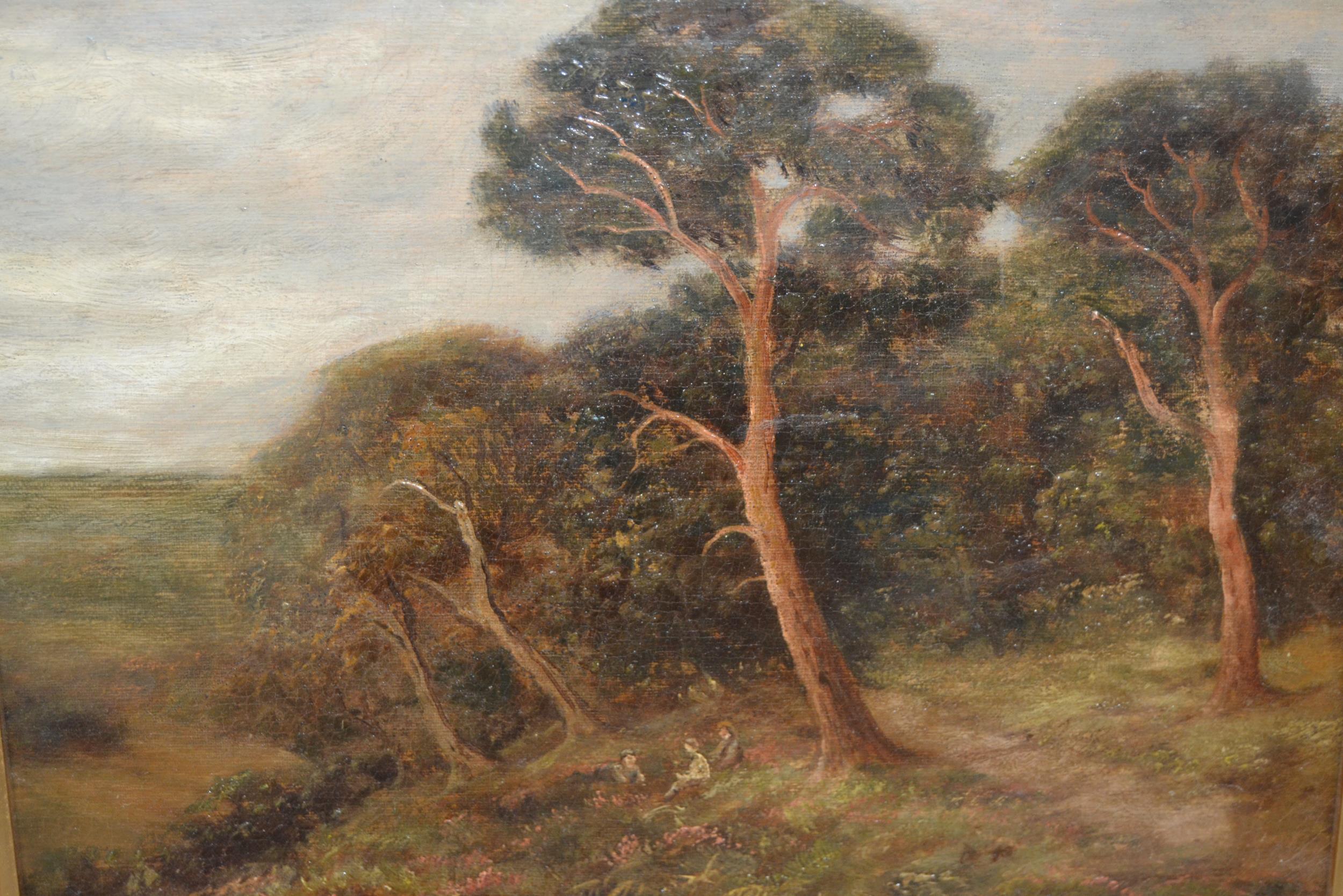 20th Century Russian school oil on board, wooded landscape with figures, signed indistinctly, 9ins x