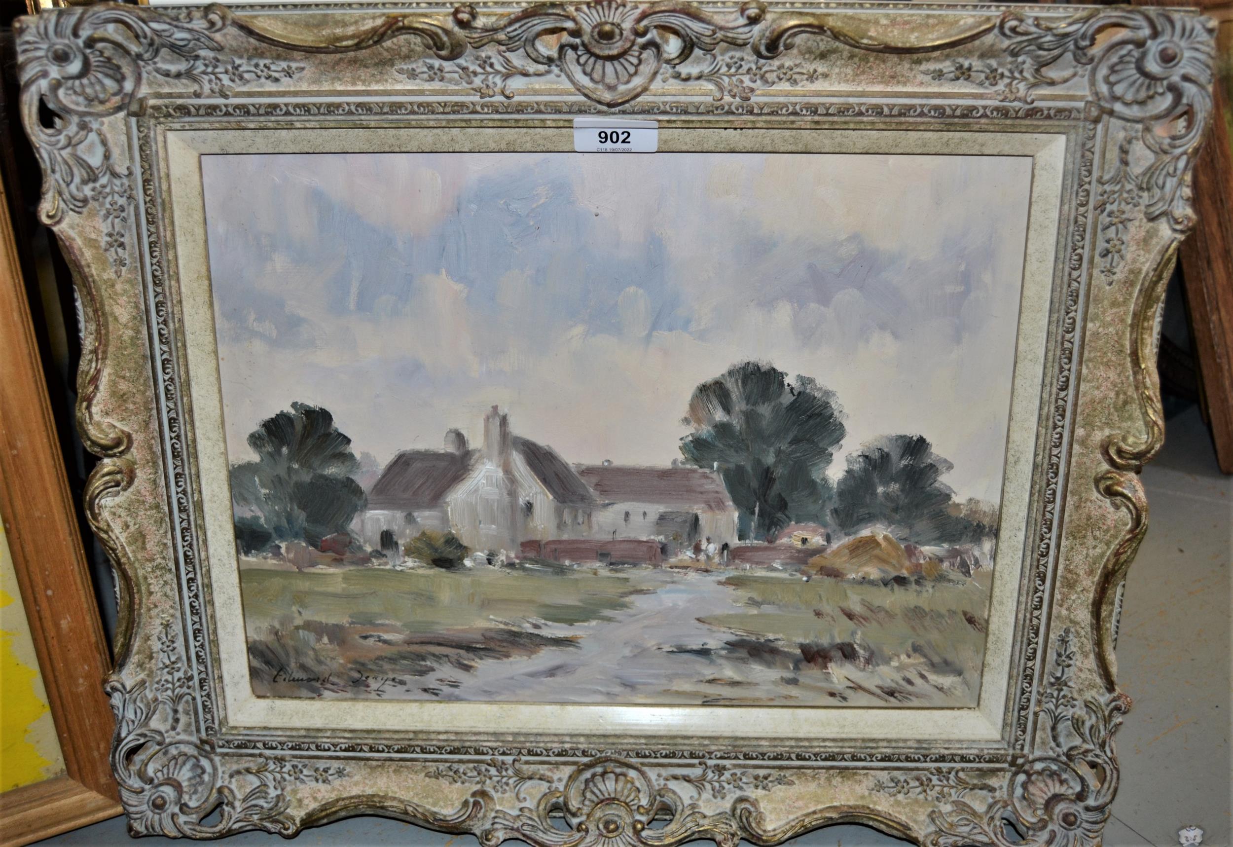 After Edward Seago, oil on board, landscape with figures by farm buildings, 11.5ins x 15.5ins ( - Image 2 of 2