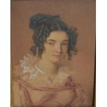 19th Century miniature portrait of a young lady on card with ringlet hair, ornate gilt framed The