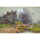 Ernest William Haslehust, watercolour, rural scene with stream and cottage, 9.75ins x 13.5ins,