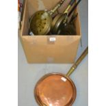 Three various warming pans, two copper kettles and other metalware