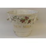 Late 19th / early 20th Century ' New Milk ' pail with transfer printed floral decoration and applied