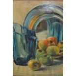 M. Dawes, oil on canvas, still life study, fruit and a glass jug on a table, signed, 15.5ins x 11.