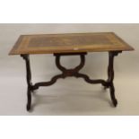 Continental burr wood parquetry inlaid centre table with borders, on a moulded base with matching