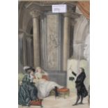 Pair of 19th Century French coloured lithographs, figures in interior scenes, 13.5ins x 10ins,