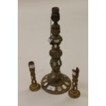 Continental gilt and mirror decorated table lamp together with a pair of similar candlesticks