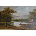 19th Century oil on canvas, landscape with figures in an open boat beside a cottage, unsigned, 12ins