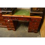 Reproduction kneehole desk, with leather inset top (at fault), and a pair of yew wood bedside