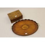 Reproduction yew wood two handled tray in Sheraton style, together with a Victorian walnut and