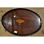 Edwardian mahogany oval two handled shell inlaid tray, reproduction yew wood dressing table mirror