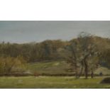 Small 20th Century oil on board, figures in parkland, signed indistinctly, 4ins x 8ins, framed