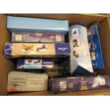 Box containing a collection of eight Corgi boxed models of aircraft, including B17 Flying Fortress