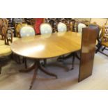 Reproduction mahogany twin pedestal D-end dining table of Regency style with two extra leaves, 62ins