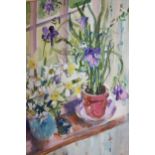 Jane Camp, signed gouache painting, flowers on a windowsill, together with three other watercolour