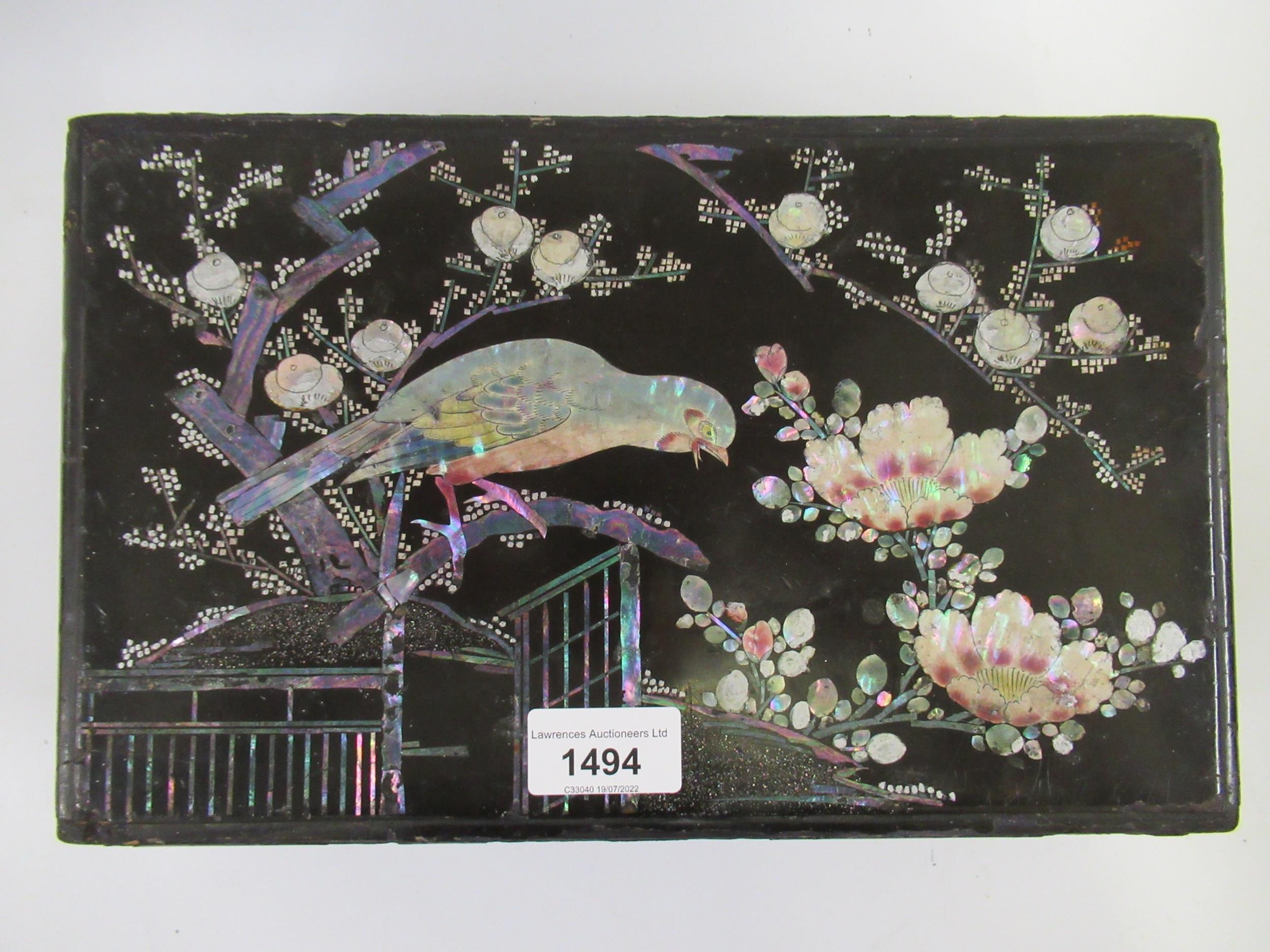 Late 19th Century Japanese lacquer and mother of pearl inlaid box, the hinged lid decorated with - Image 2 of 2