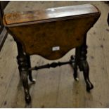 Small Victorian figured walnut marquetry inlaid drop-leaf Sutherland table, on turned end supports