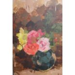 Two unframed oils, roses in a vase, signed Edouard Perini, and study of mixed summer flowers in a