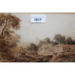 19th Century English school, figures in a landscape, unsigned, 6.5ins x 10.5ins, gilt framed