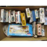 Box containing a quantity of various unmade model aircraft kits including Airfix, Revel etc., also