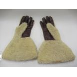 Pair of mid 20th Century leather and sheepskin gauntlet type motoring gloves