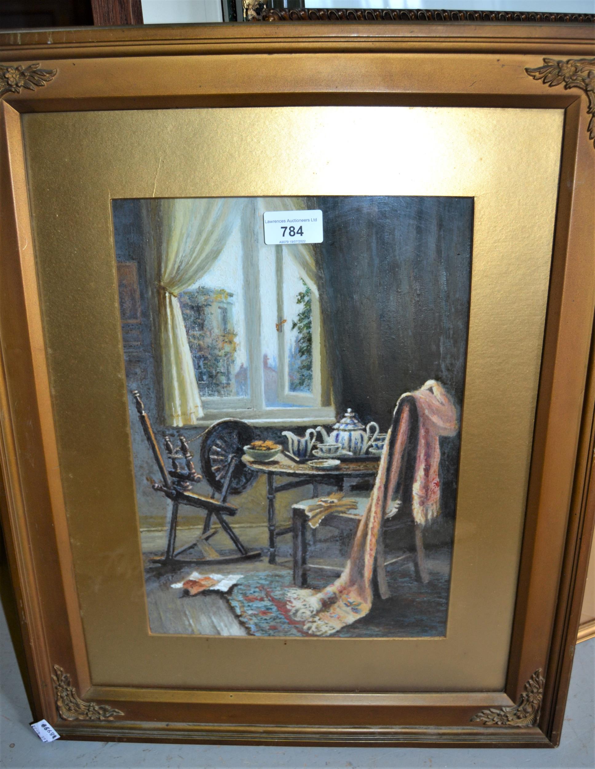 Mixed media painting, interior scene with a spinning wheel and tea table, 13ins x 9.5ins - Image 2 of 4