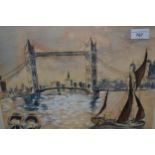 R. Mickolson, mixed media, view of Tower Bridge and the Thames, signed, 11ins x 14.5ins, gilt framed