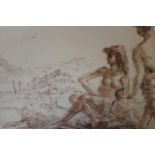 Sepia watercolour, two figures with a child in a landscape (Gerald Ososki Studio stamp verso),