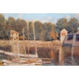 Oil on canvas board, view of Pont d' Argenteuil, after Claude Monet, 15.5ins x 19.5ins, gilt framed