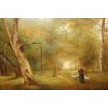 A. Wright, oil on canvas applied to board, woodland scene with shepherdess, signed, 18.5ins x 28ins,
