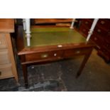 Small mahogany writing table with a green leather inset top above two drawers with recessed brass