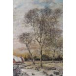 Oil on board, winter landscape with a cottage, signed Lane
