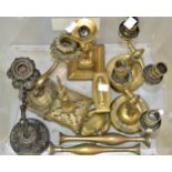 Two brass desk candlesticks, together with other miscellaneous candlesticks and brassware
