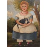 20th Century naive style American school, oil on board portrait of a child with a cat, 9.5ins x 7ins