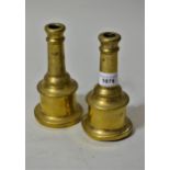 Pair of unusual antique brass candlesticks, 6.25ins high (one at fault)