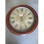 Circular mahogany wall clock, the 11.75 inch painted dial indistinctly signed, with pendulum (for
