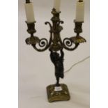 19th Century dark patinated and gilt bronze candelabra adapted for use as a lamp, 19ins high
