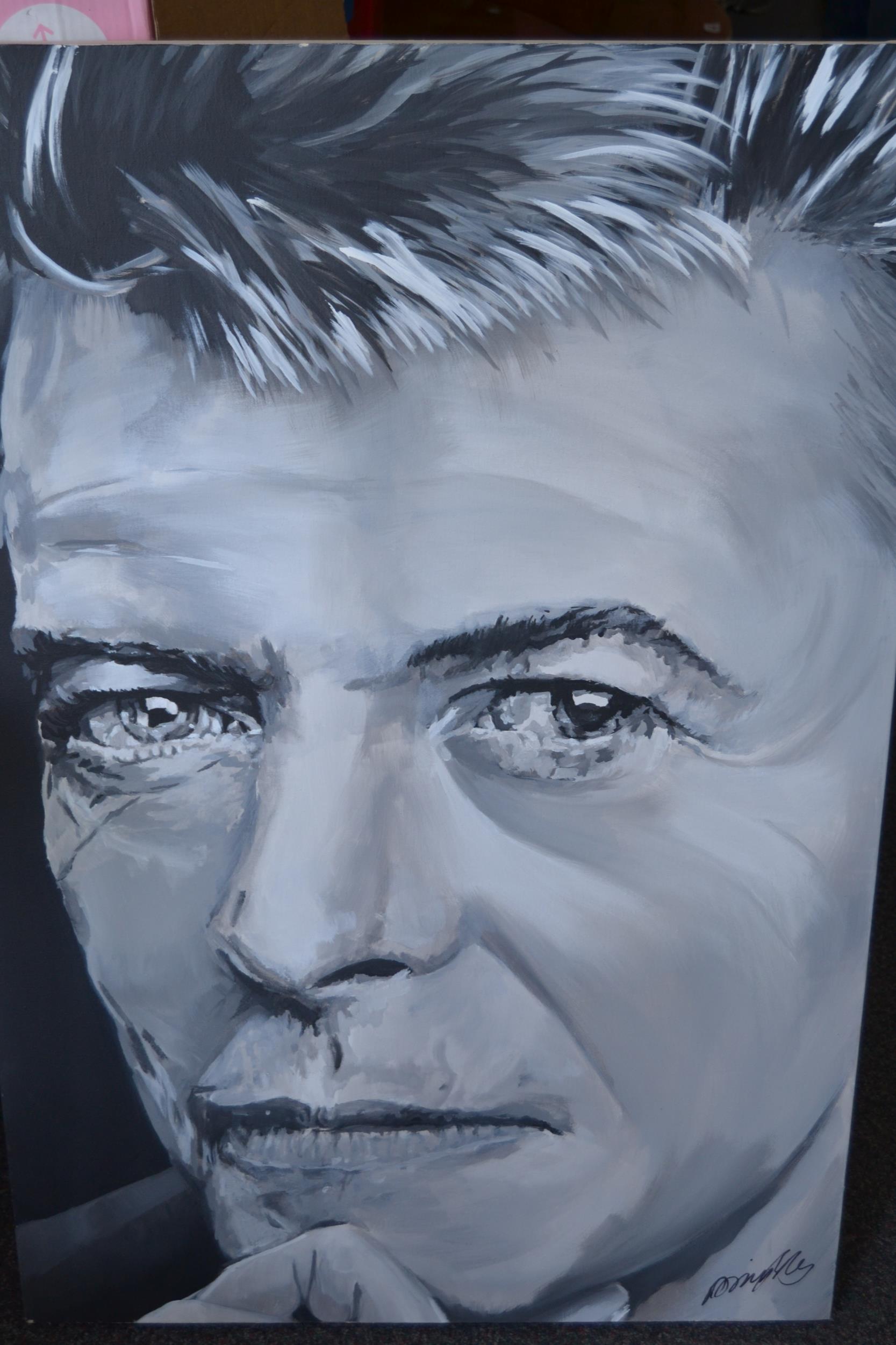 Large modern monochrome acrylic on canvas, portrait of David Bowie, 36ins x 24ins together with