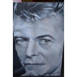 Large modern monochrome acrylic on canvas, portrait of David Bowie, 36ins x 24ins together with