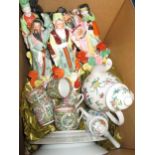 Box containing a quantity of 20th Century Chinese figures and miscellaneous tea ware