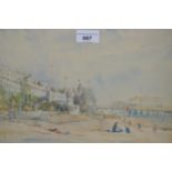 Alfred Hayward, signed watercolour of figures on a beach by a pier, dated '57 together with a
