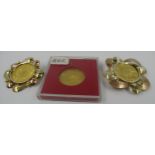 Three 1915 Austrian one Ducat gold coins, two in gold brooch mounts and one proof, gross weight 16.