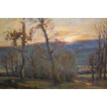 Philip J. Smith, signed oil on canvas laid on board, view across a landscape at sunset, 12ins x