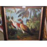 20th Century oil on canvas laid on board, exotic animals and birds in a tropical forest, 19ins x