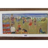 Modern British School oil on board, bathers on a beach, white painted frame